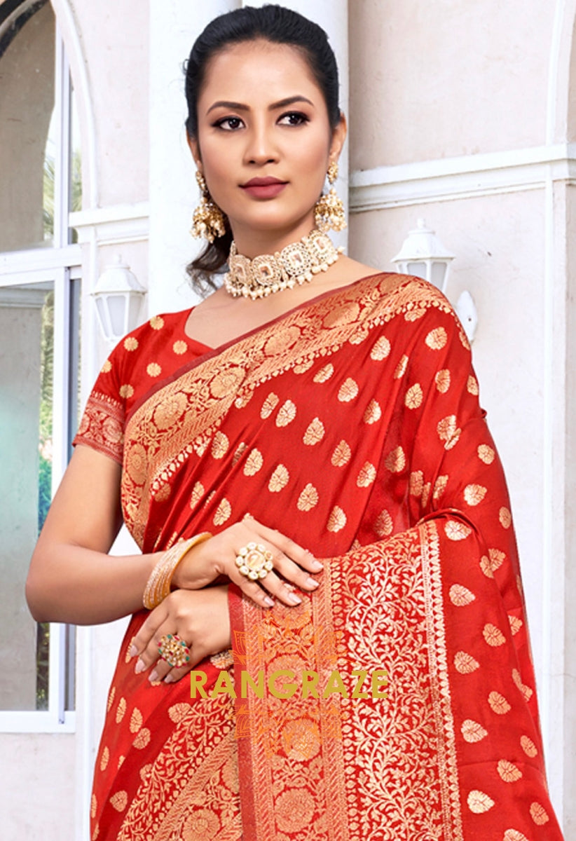 Divine Red Banarasi Silk Saree With Matching Blouse