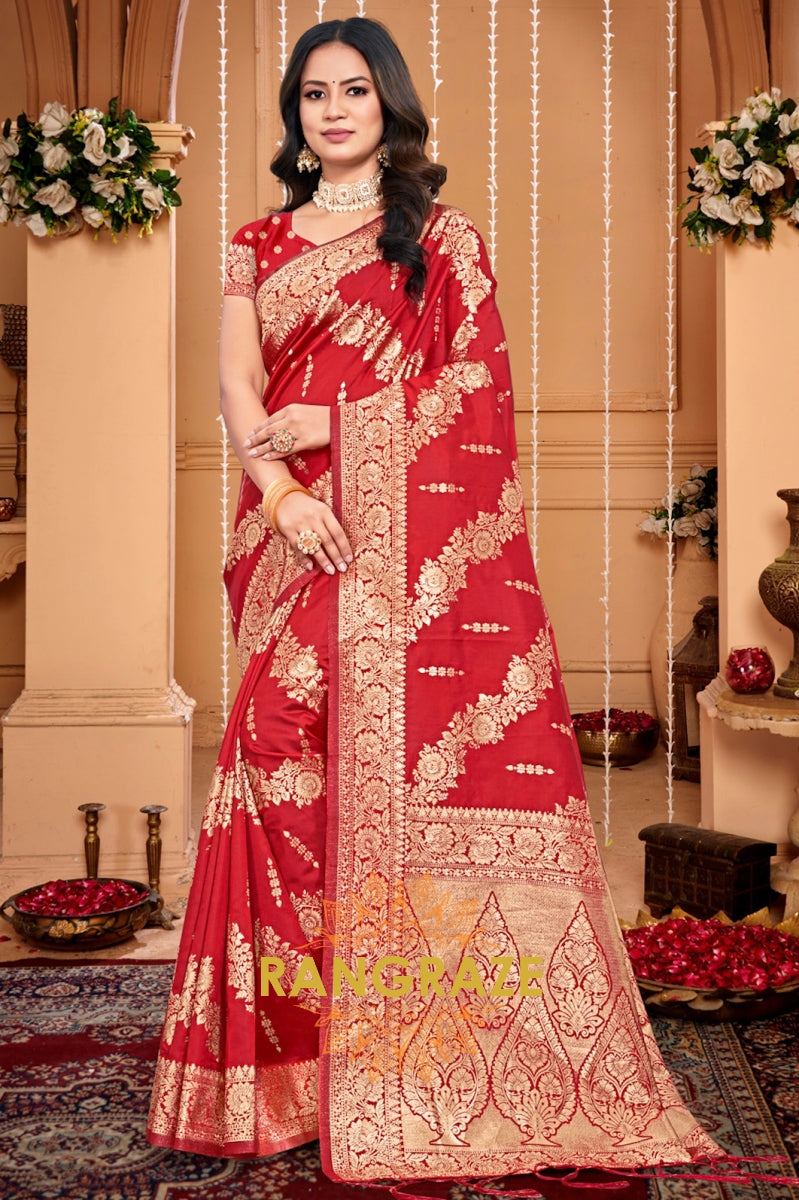 Grace Red Banarasi Silk Saree With Matching Blouse