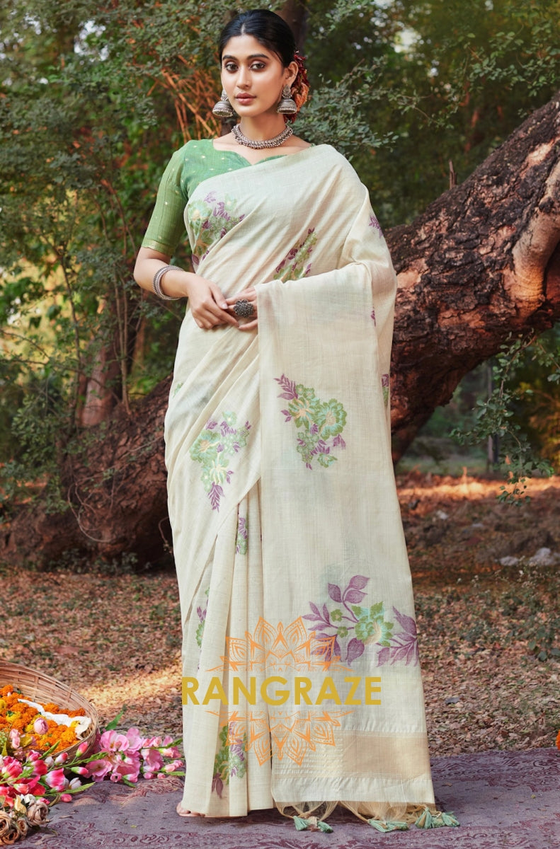 Green Beige Linen Saree With Contrast Blouse