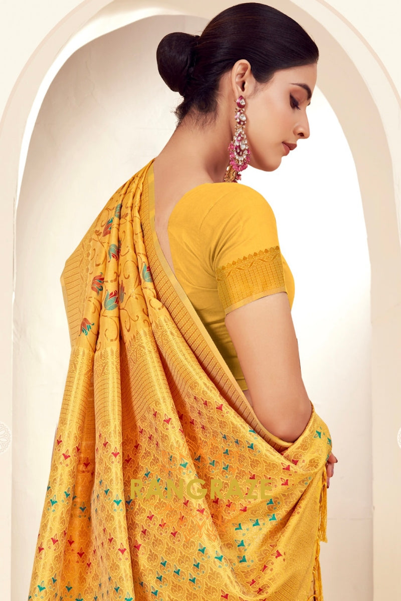 Artisan Mustard Yellow Woven Work Banarasi Silk Saree