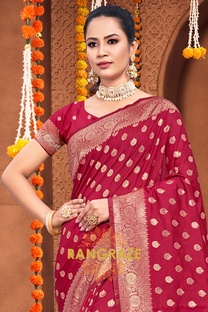 Eternal Magenta Red Banarasi Silk Saree With Matching Blouse