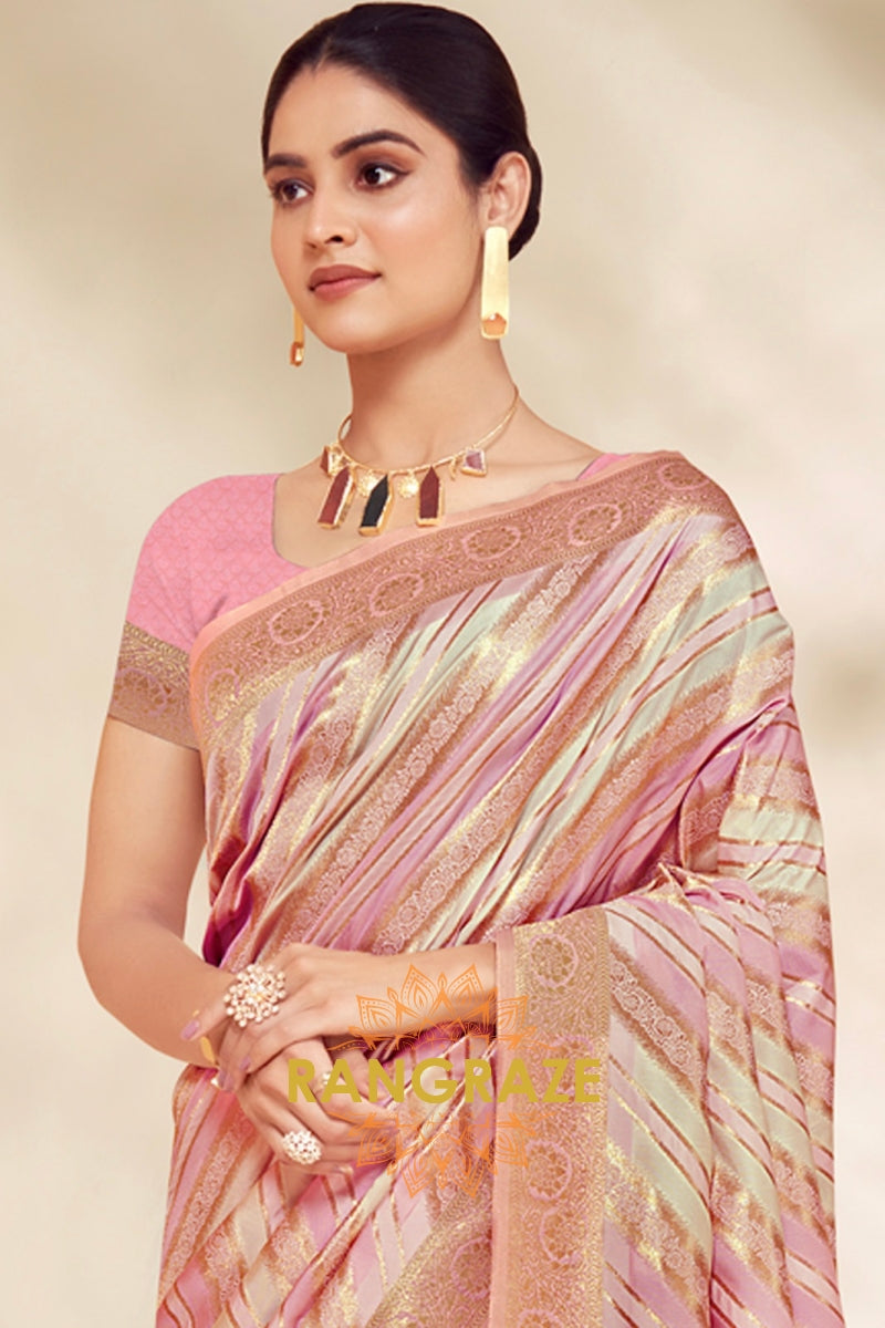 Rose Pink Cotton Thread Work Saree With Matching Blouse