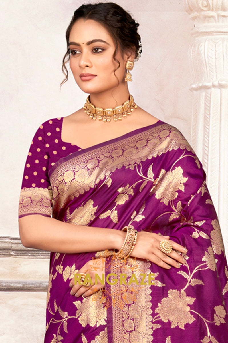 Lavender Purple Banarasi Silk Saree With Golden Zari Work