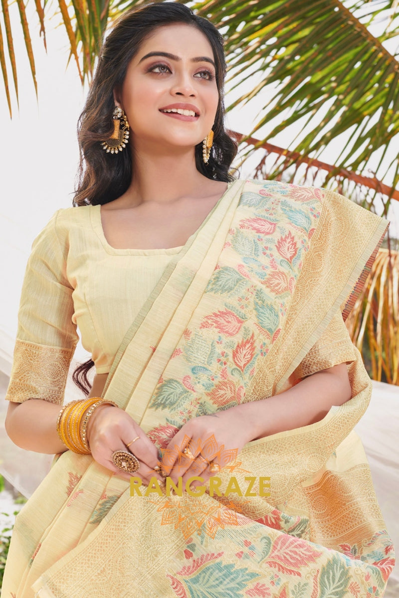 Golden Yellow Floral Work Pure Linen Saree