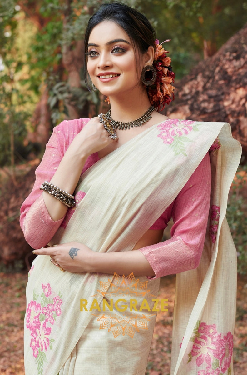 Pink Beige Linen Saree With Contrast Blouse