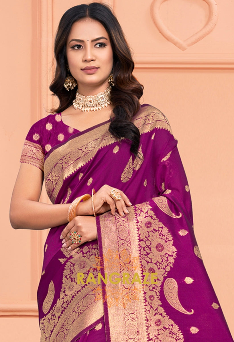 Wine Purple Banarasi Silk Saree With Matching Blouse