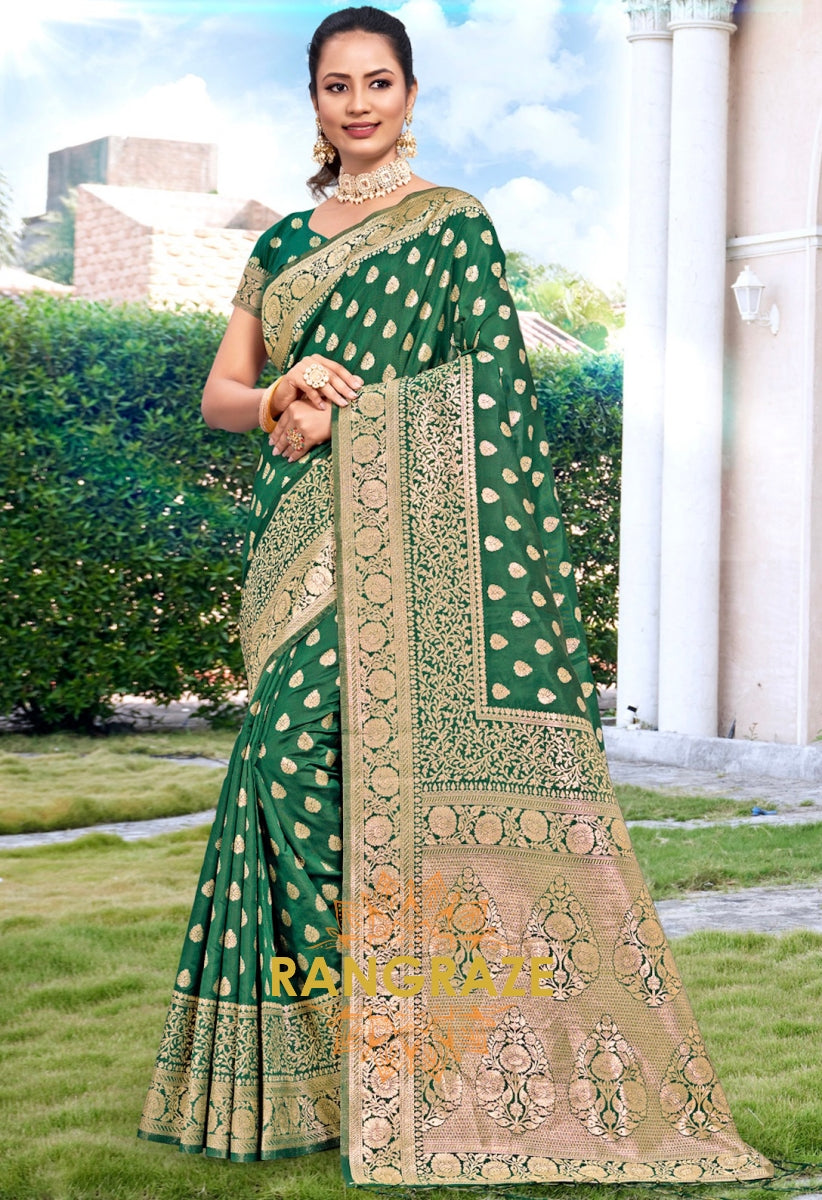 Divine Green Banarasi Silk Saree With Matching Blouse