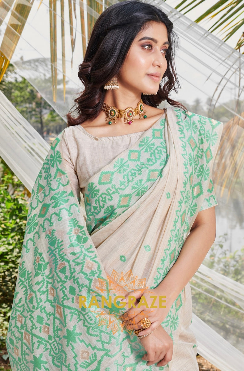 Sea Green White Intricate Work Pure Linen Saree