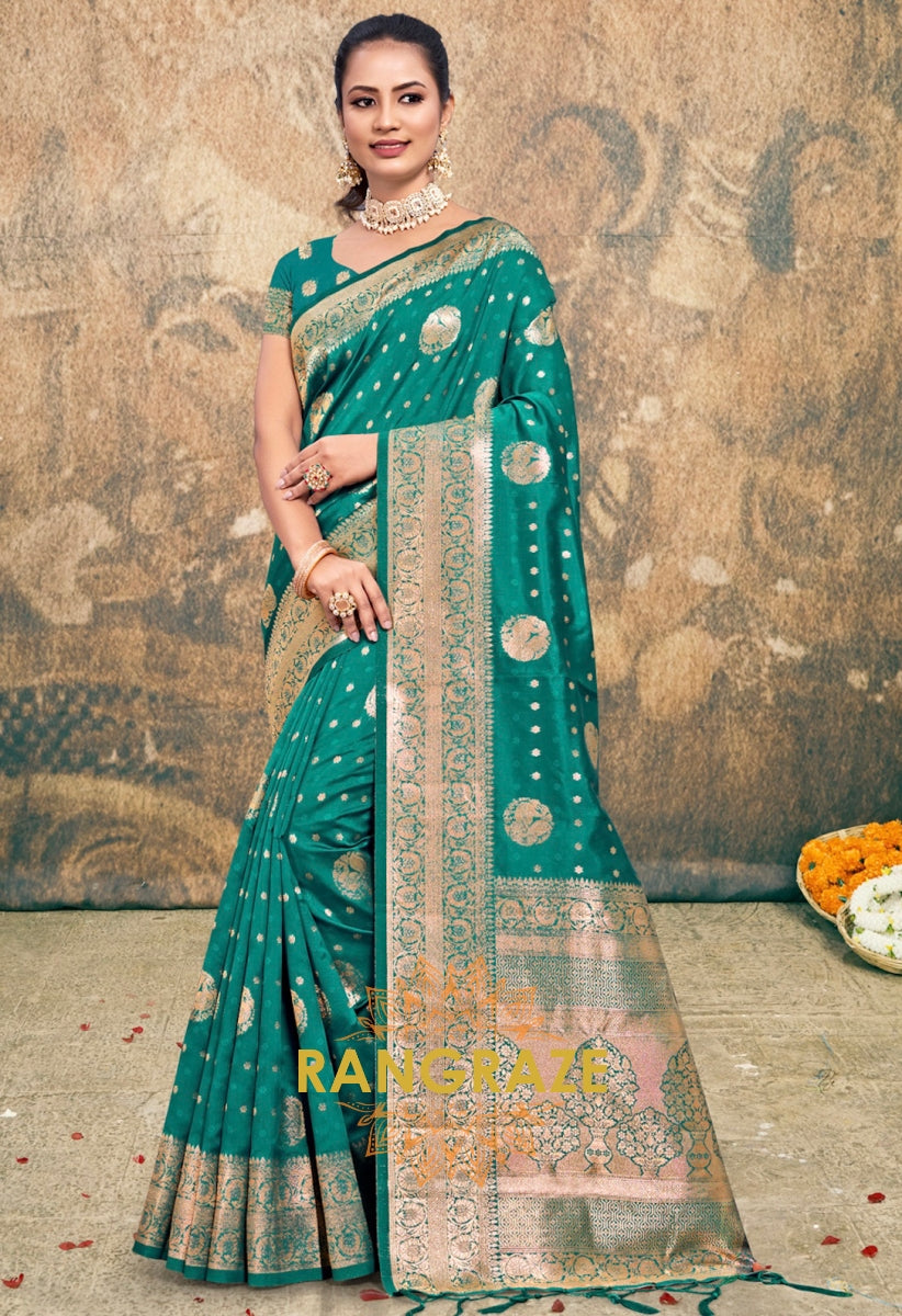 Antique Turquoise Banarasi Silk Saree With Matching Blouse