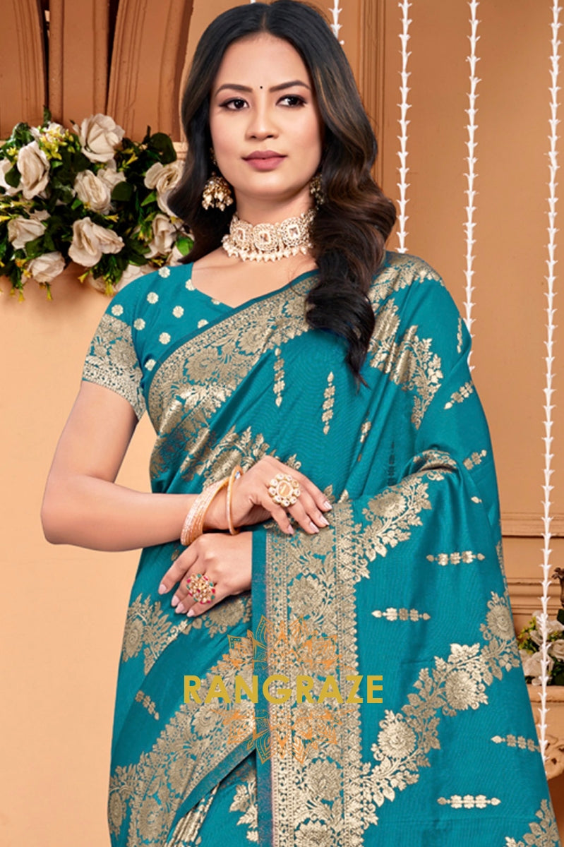 Grace Azure Blue Banarasi Silk Saree With Matching Blouse