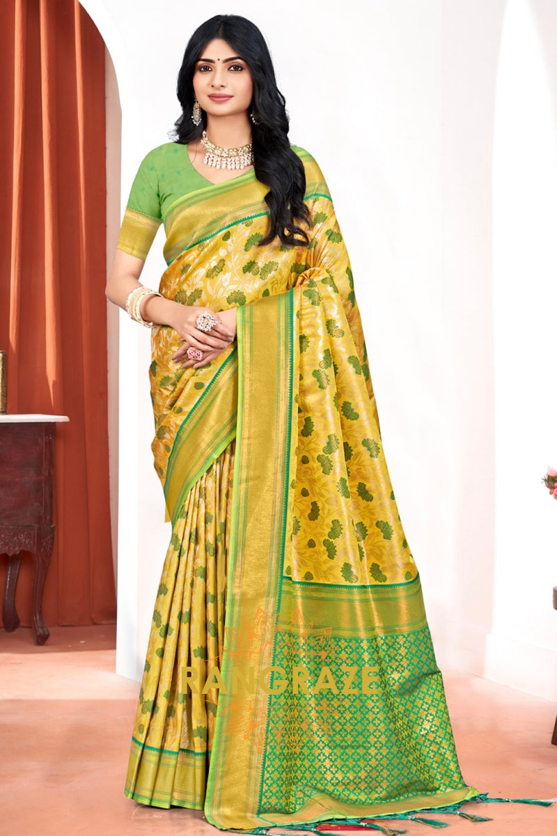 Crown Yellow Woven Kanjivaram Silk Saree With Heavy Pallu