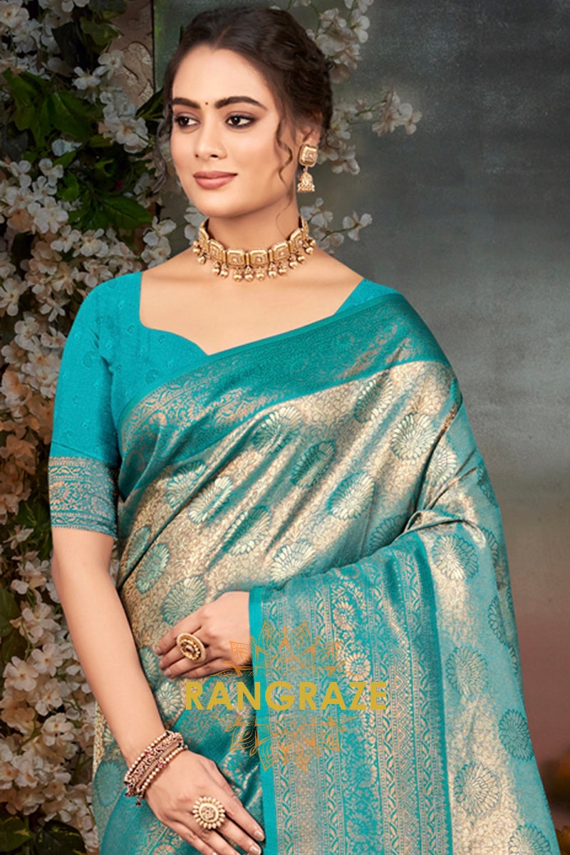 Turquoise Blue Woven Kanjivaram Silk Saree With Heavy Work