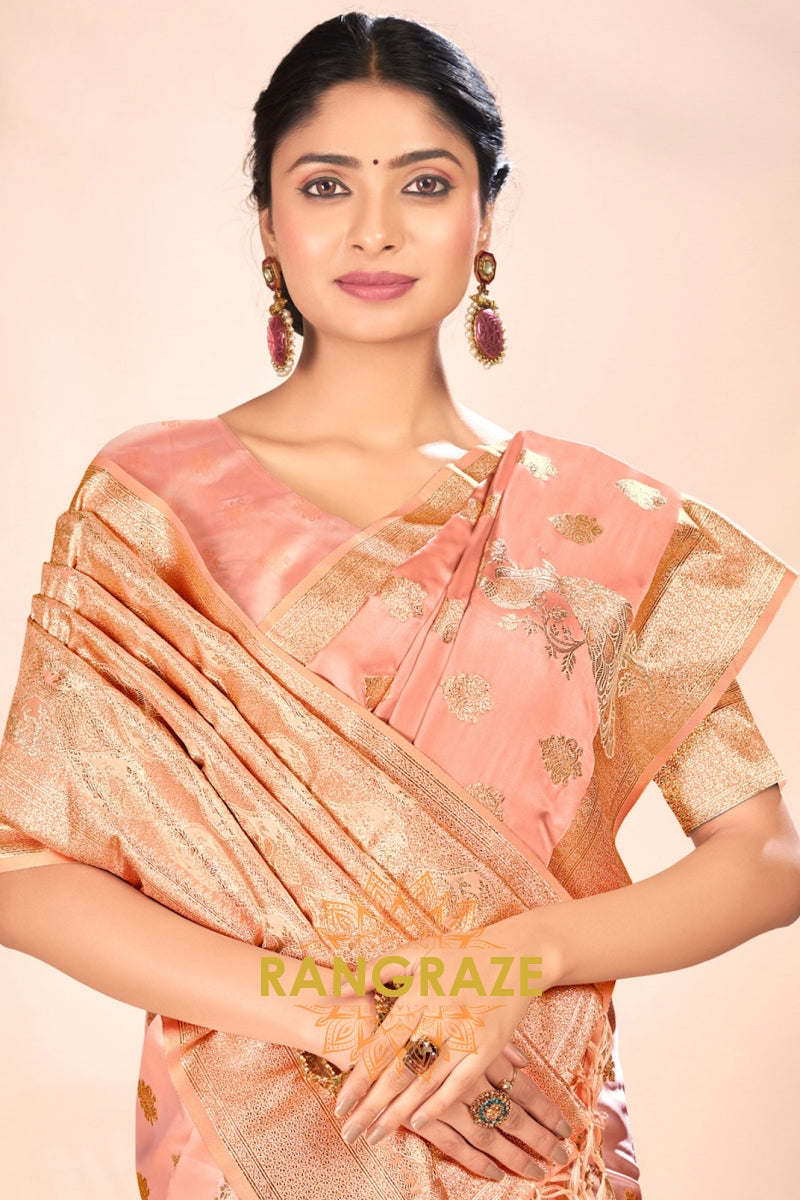 Beige Pink Golden Zari Work Pure Satin Silk Saree