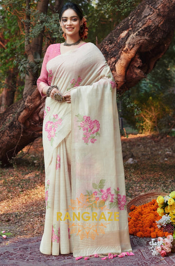 Pink Beige Linen Saree With Contrast Blouse