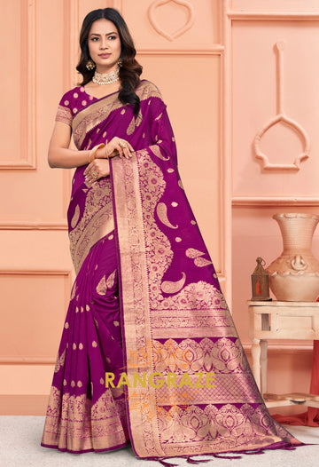 Wine Purple Banarasi Silk Saree With Matching Blouse