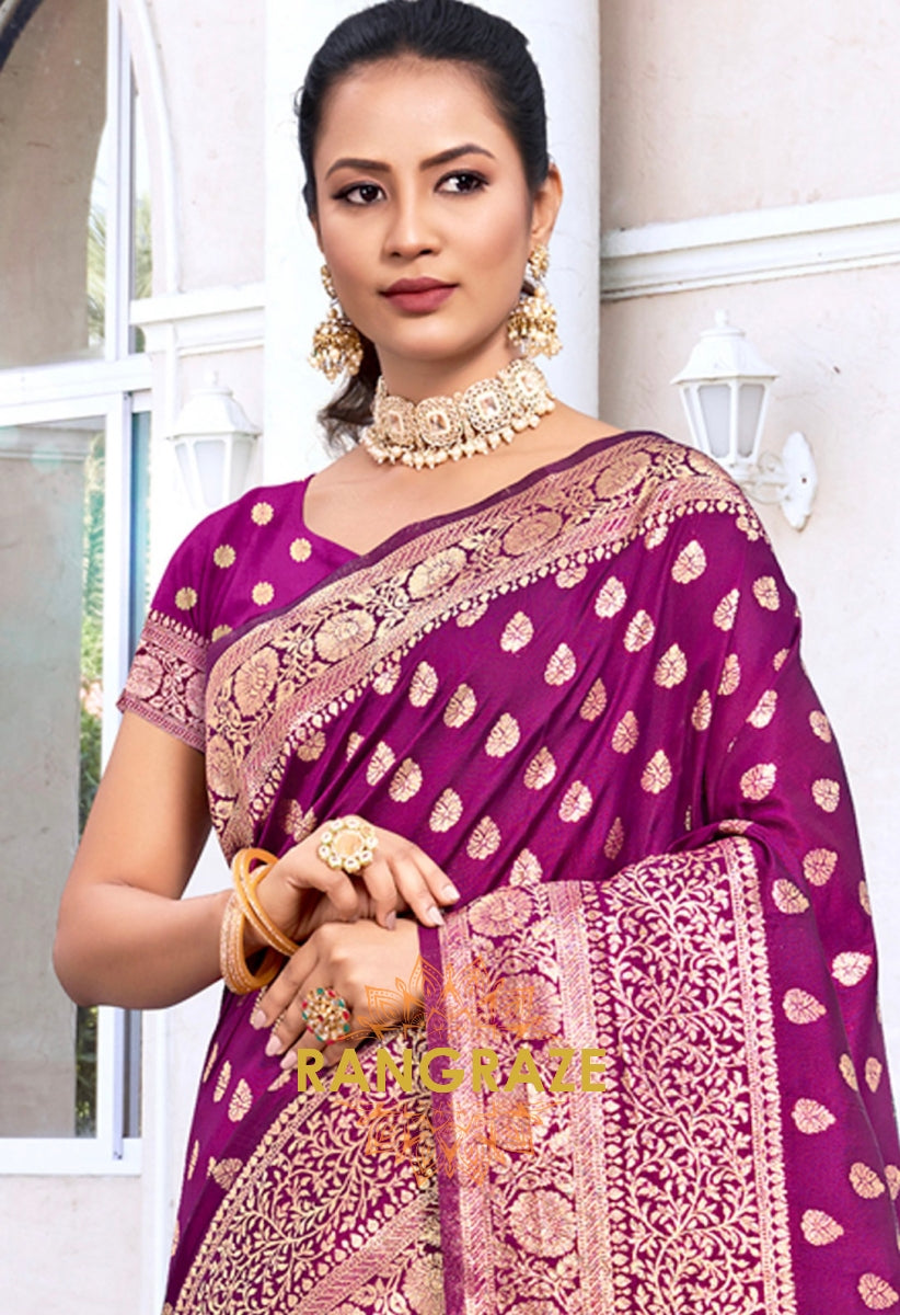 Divine Purple Banarasi Silk Saree With Matching Blouse