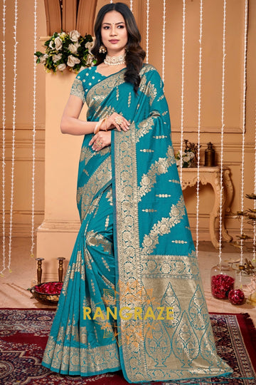 Grace Azure Blue Banarasi Silk Saree With Matching Blouse