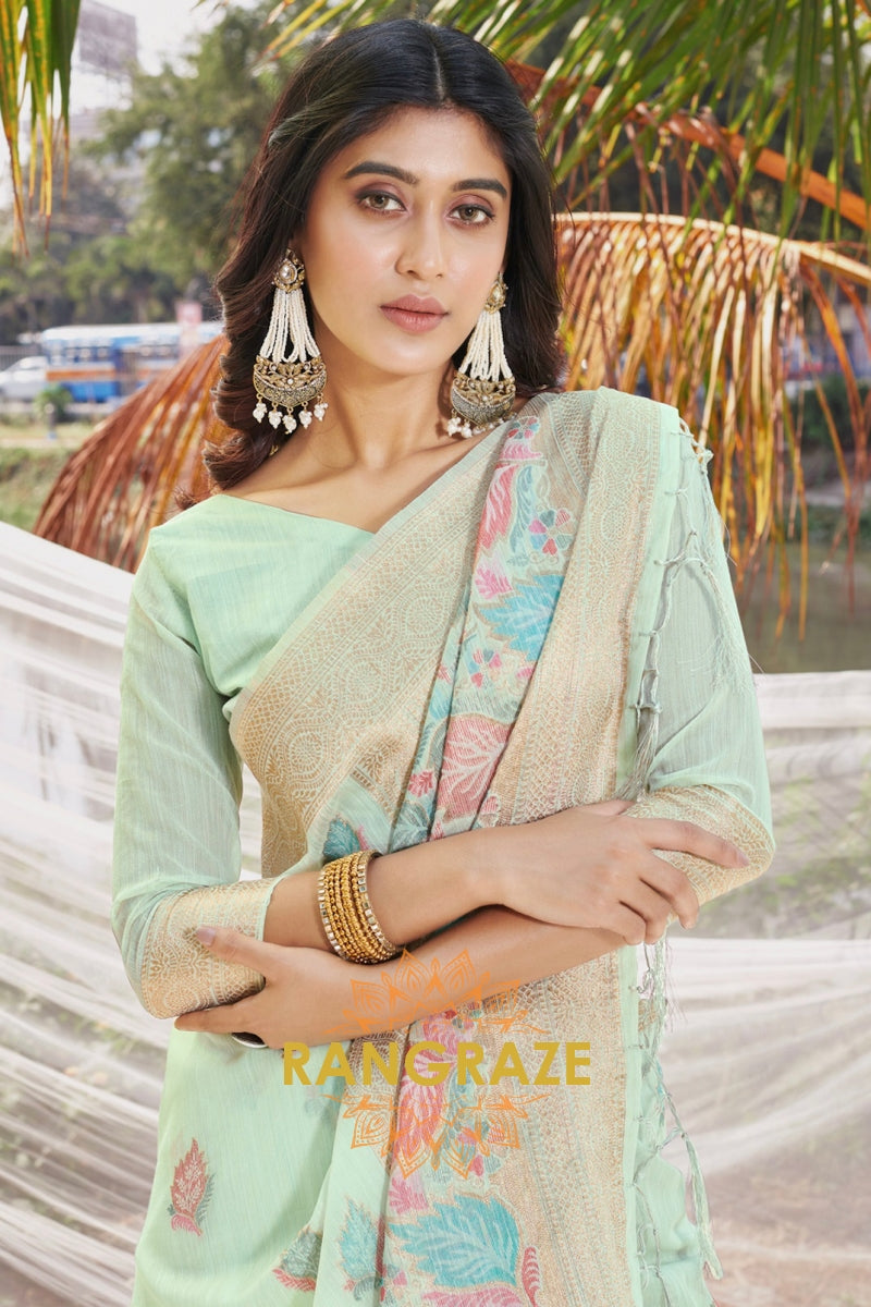 Sea Green Floral Work Pure Linen Saree