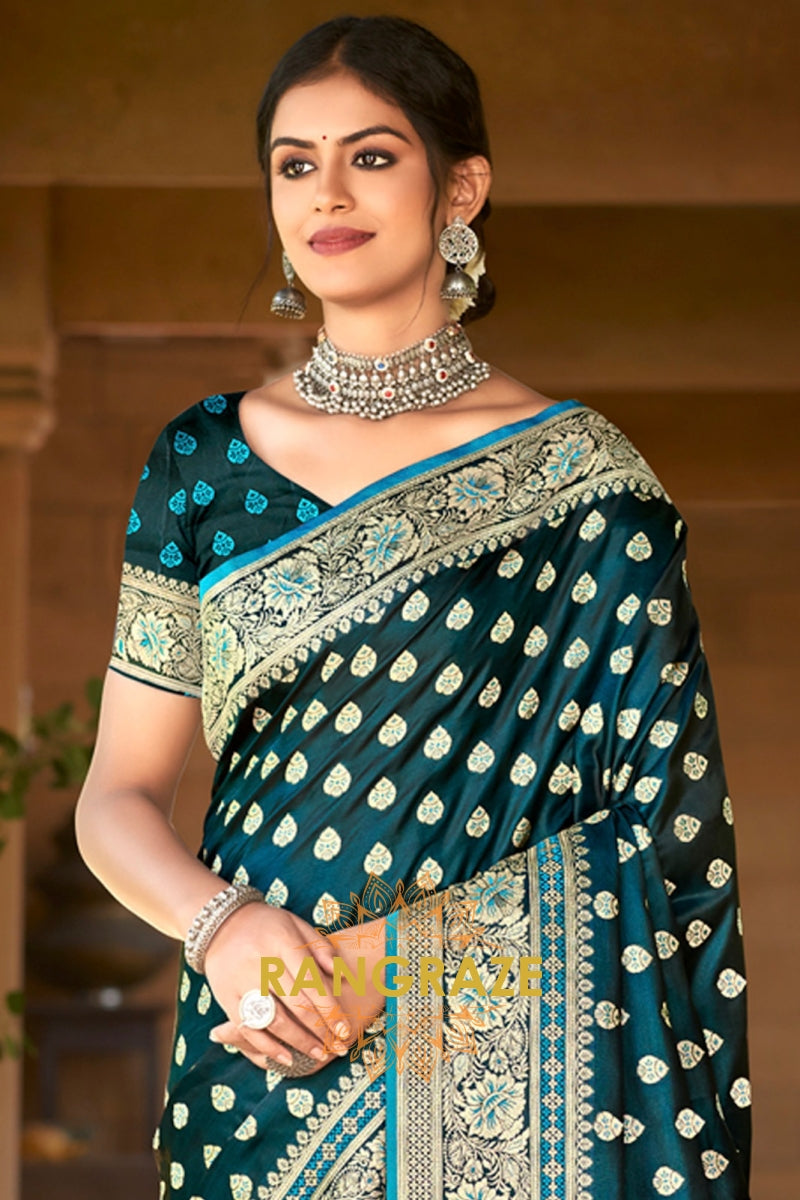 Turquoise Blue Woven Golden Buta Work Banarasi Silk Saree