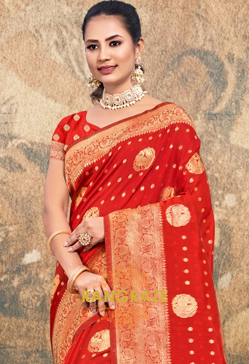 Antique Red Banarasi Silk Saree With Matching Blouse