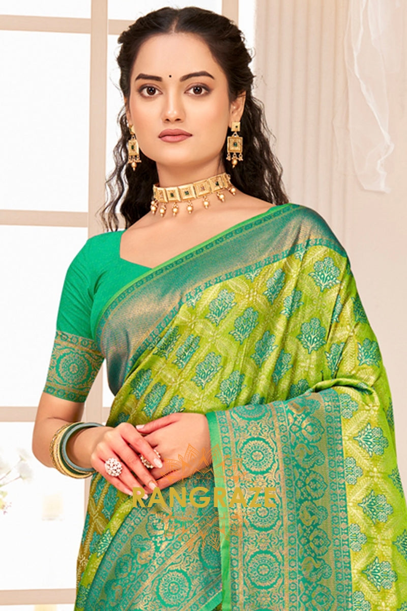 Parrot Green Kanjivaram Silk Saree With Heavy Work