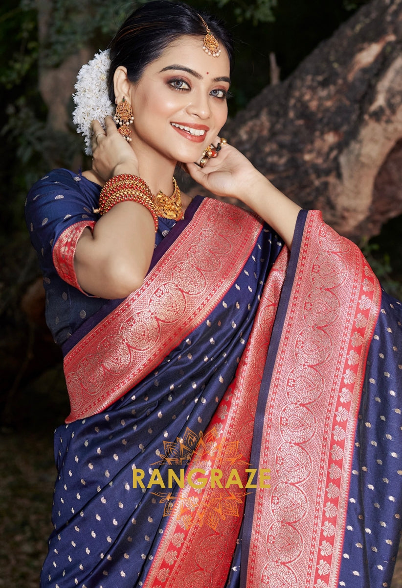 Navy Blue Royal Banarasi Silk Woven Saree