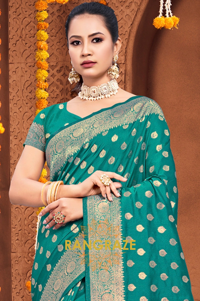 Eternal Azure Green Banarasi Silk Saree With Matching Blouse