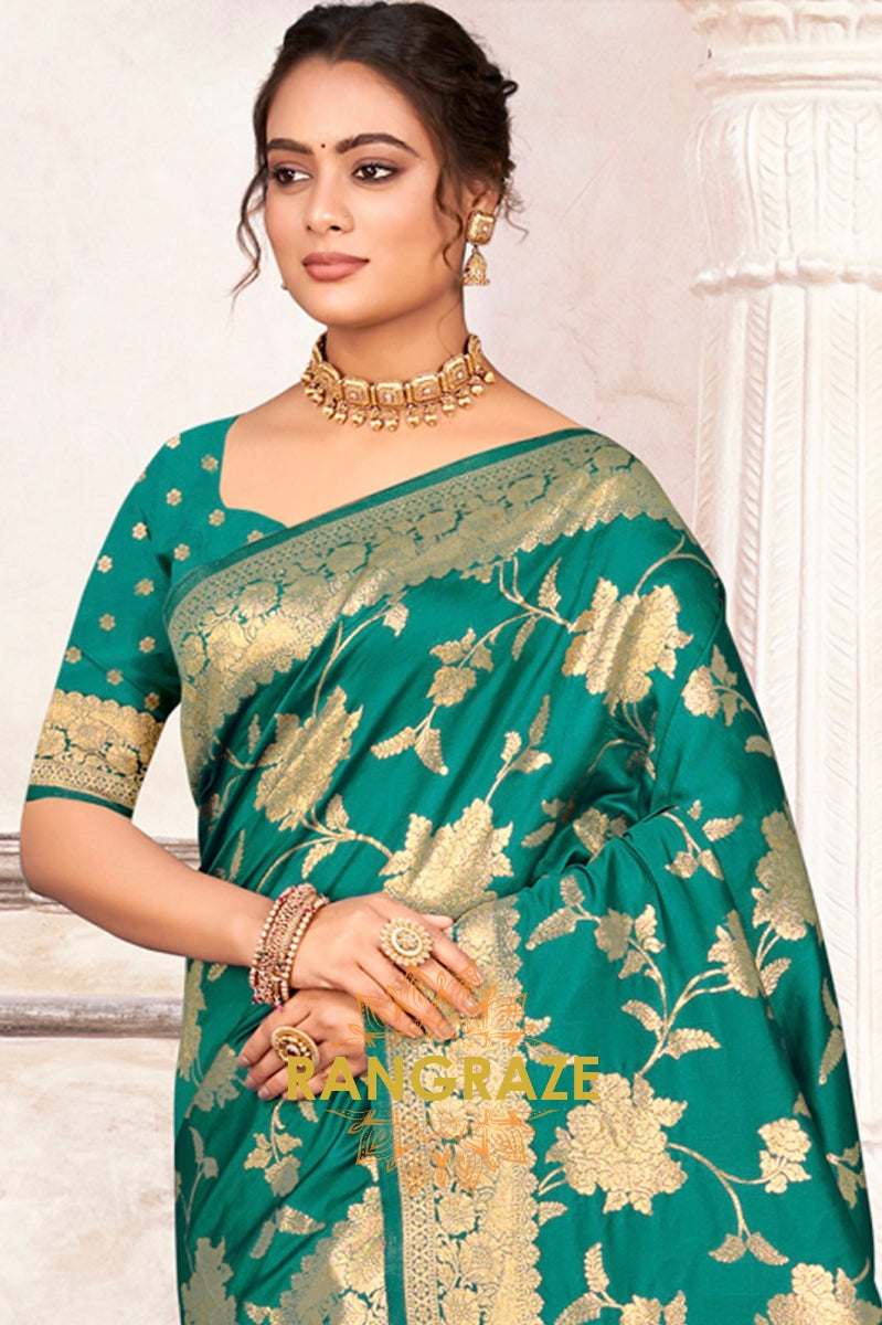 Sea Green Banarasi Silk Saree With Golden Zari Work