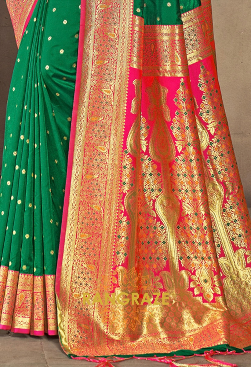 Majestic Green Banarasi Woven Silk Saree With Contrast Blouse