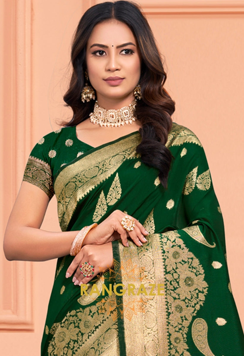 Teal Green Banarasi Silk Saree With Matching Blouse