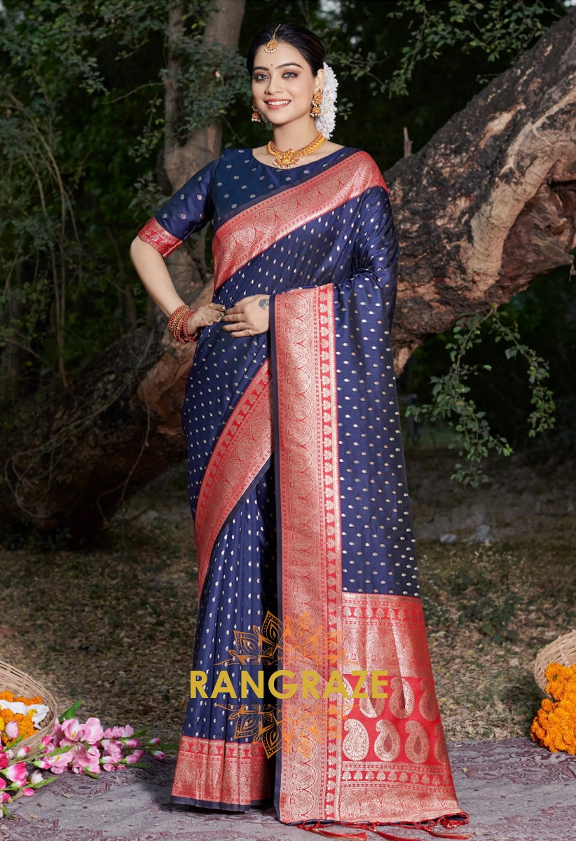 Navy Blue Royal Banarasi Silk Woven Saree