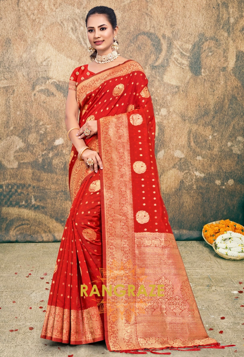 Antique Red Banarasi Silk Saree With Matching Blouse