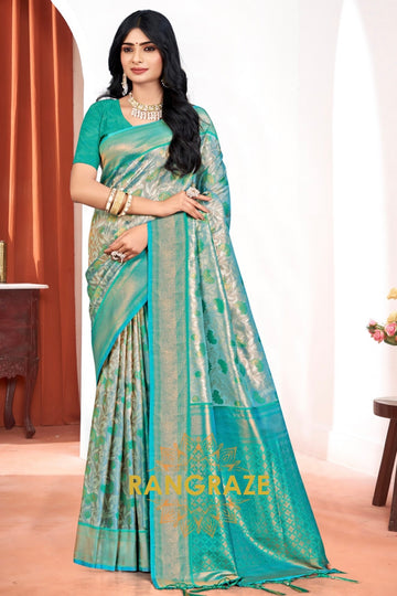 Sea Green Woven Kanjivaram Silk Saree With Heavy Pallu