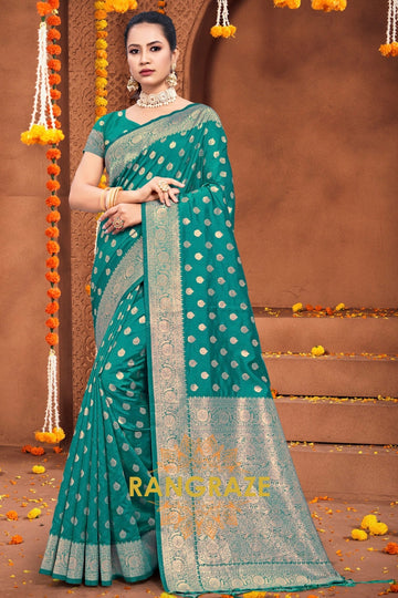 Eternal Azure Green Banarasi Silk Saree With Matching Blouse