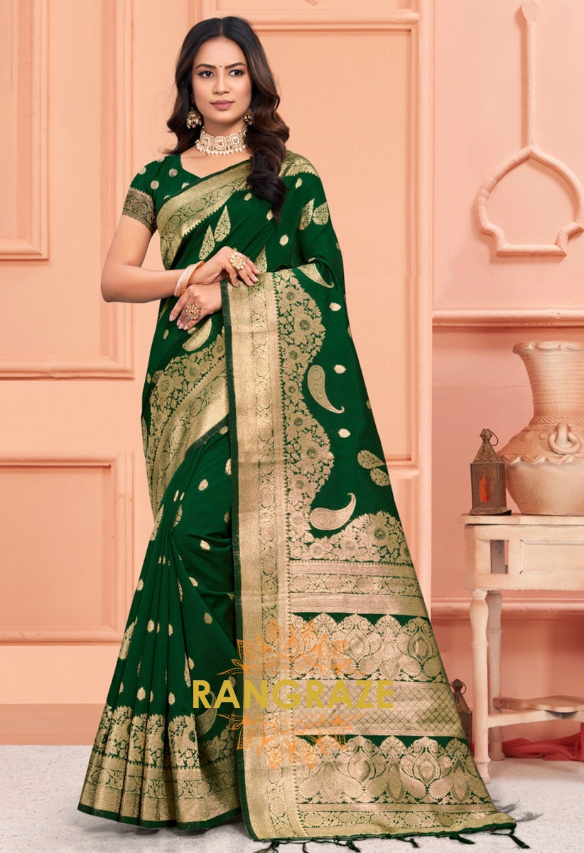 Teal Green Banarasi Silk Saree With Matching Blouse