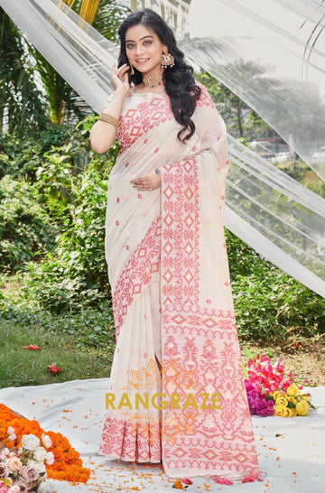 Peach White Intricate Work Pure Linen Saree