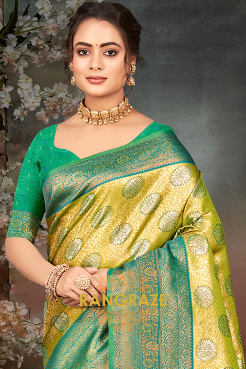 Mustard Yellow Woven Kanjivaram Silk Saree With Heavy Work