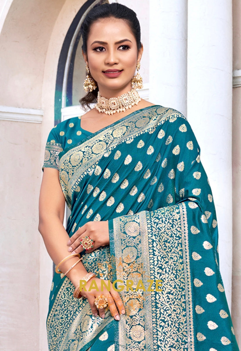 Divine Blue Banarasi Silk Saree With Matching Blouse