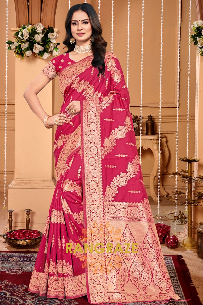 Grace Pink Banarasi Silk Saree With Matching Blouse