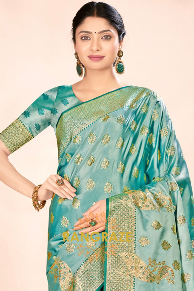 Turquoise Blue Golden Zari Work Pure Satin Silk Saree