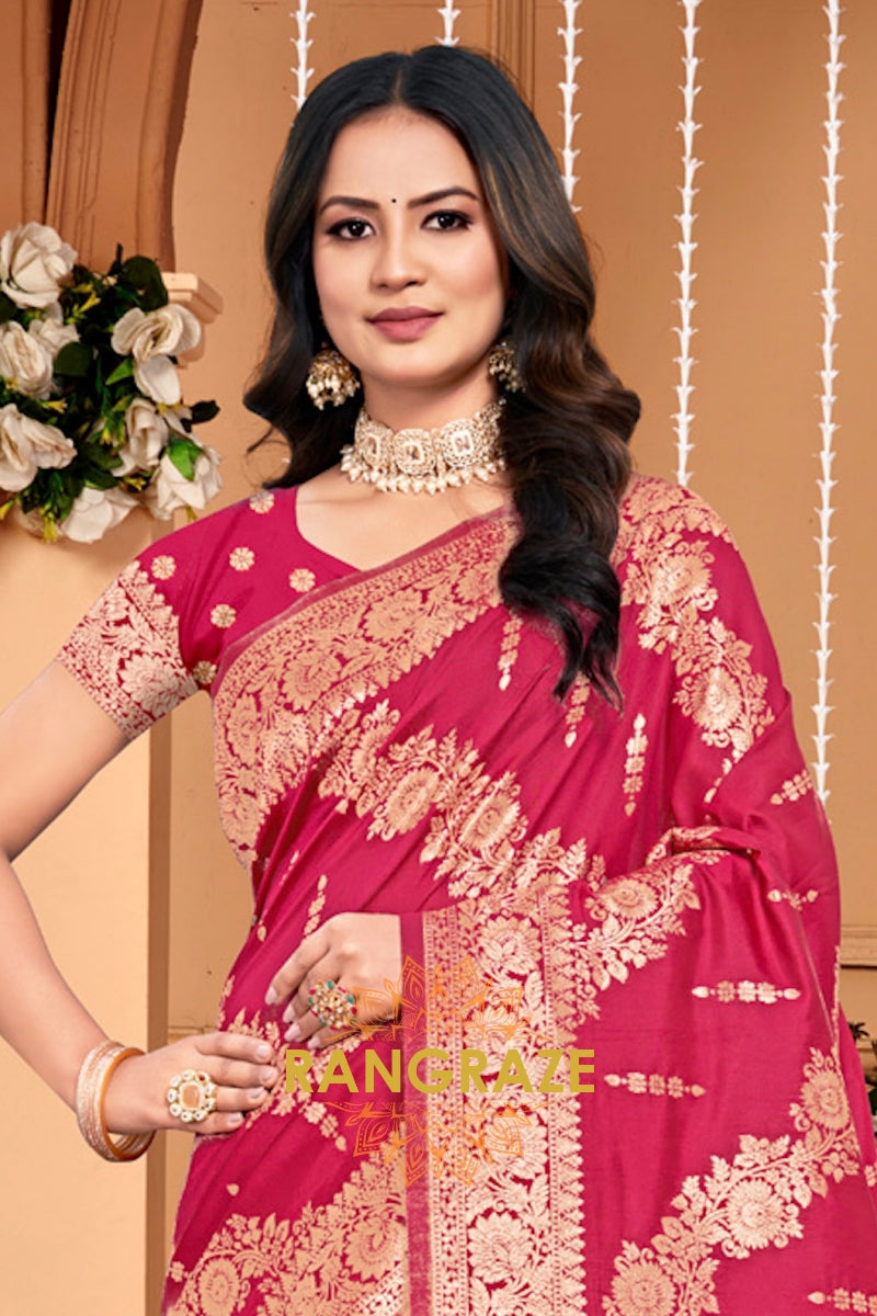 Grace Pink Banarasi Silk Saree With Matching Blouse