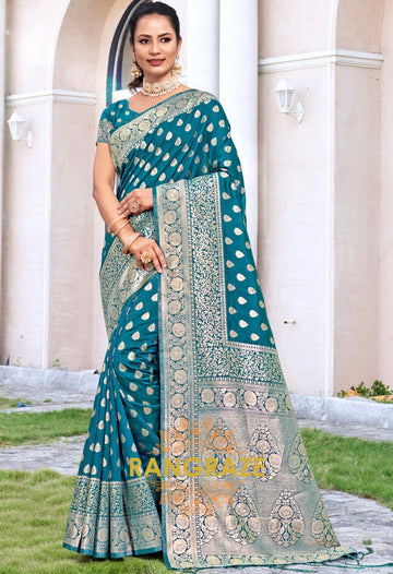 Divine Blue Banarasi Silk Saree With Matching Blouse