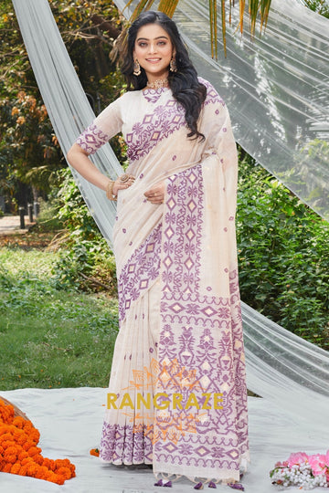 Purple White Intricate Work Pure Linen Saree