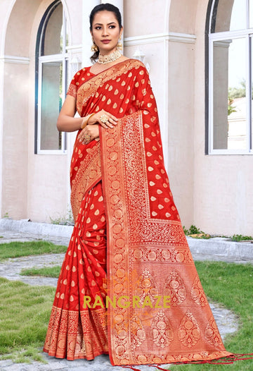 Divine Red Banarasi Silk Saree With Matching Blouse