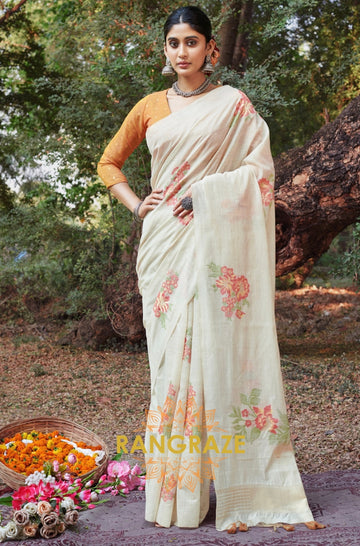 Yellow Beige Linen Saree With Contrast Blouse