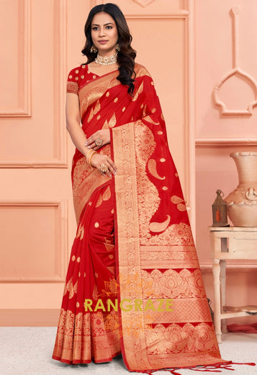 Bridal Red Banarasi Silk Saree With Matching Blouse