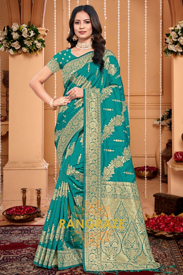 Grace Turquoise Banarasi Silk Saree With Matching Blouse