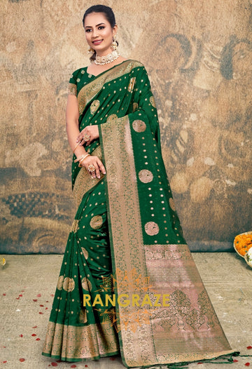 Antique Green Banarasi Silk Saree With Matching Blouse