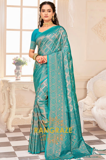 Turquoise Blue Kanjivaram Silk Saree With Heavy Work