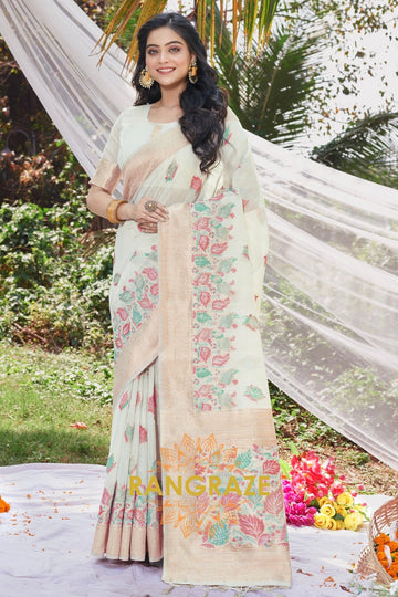 White Floral Work Pure Linen Saree